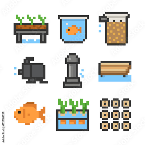Aquaponic System Icons. Pixel art icon set of aquaponic systems: grow bed, fish tank, biofilter, water pump, bell siphon, raft