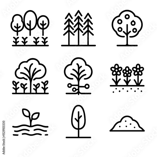 Agroforestry Icon Set. Outline icon set of agroforestry systems: alley cropping, windbreak trees, fruit tree, understory crop,