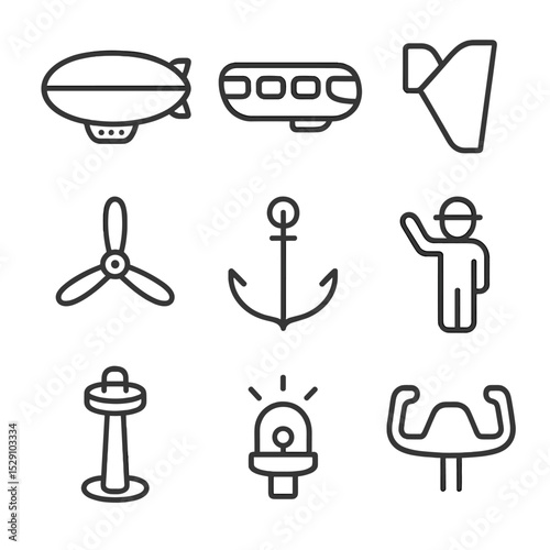Airship Icon Set. Outline icon set of blimps and airships: blimp envelope, gondola cabin, rudder fin, propeller, anchor cable,