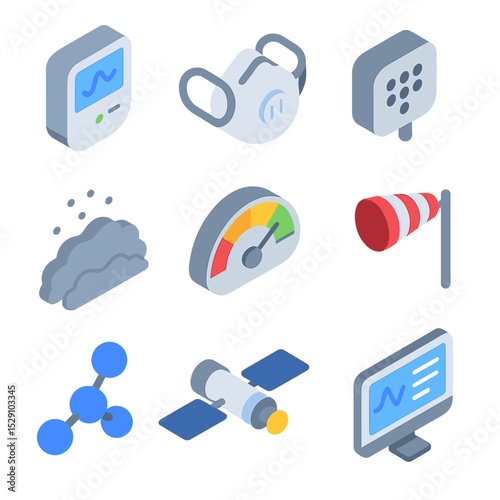 Air Quality Essentials. Isometric Flat icon set of air quality monitoring: air quality sensor, respirator mask, particulate matter