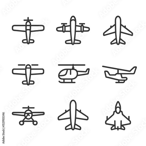 Aircraft Icon Set. Outline icon set of aircraft types: single-engine propeller, twin-engine propeller, jet airliner, turboprop,