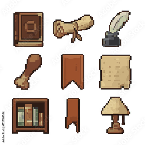 Arcane Icon Set. Pixel art icon set of arcane scrolls and books: ancient tome, rolled scroll, quill pen, inkpot, seal stamp,