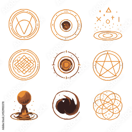 Arcane Icon Grid. Pixel art icon set of summoning circle: arcane glyphs, runic circle, floating symbols, magic seal, energy pulse,