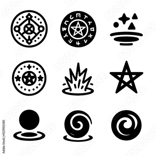 Arcane Icons Grid. Solid, Filled icon set of summoning circle: arcane glyphs, runic circle, floating symbols, magic seal, energy