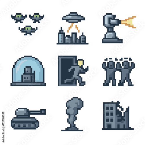 Alien Invasion Icons. Pixel art icon set of alien invasion scenarios: swarm of fighters, city skyline under attack, defensive