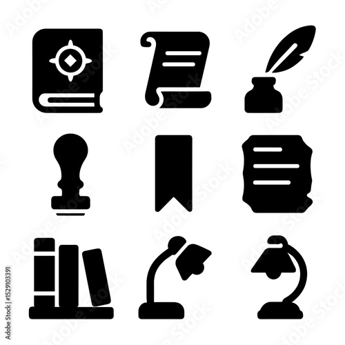 Arcane Scrolls Icons. Solid, Filled icon set of arcane scrolls and books: ancient tome, rolled scroll, quill pen, inkpot, seal
