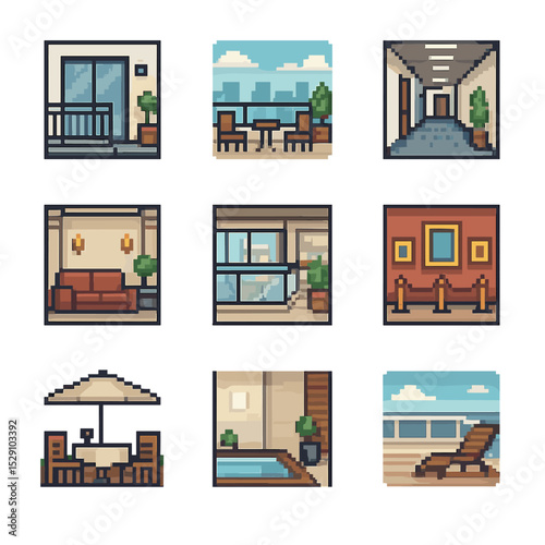 Architectural Icon Collection. Pixel art icon set of architectural settings: modern balcony, rooftop terrace, office corridor,