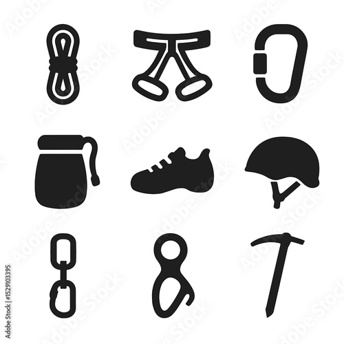 Alpine Climbing Gear. Solid, Filled icon set of alpine climbing gear: rope, harness, carabiner, chalk bag, climbing shoes, helmet,