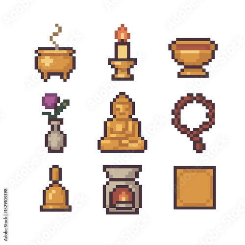 Altar Items Icons. Pixel art icon set of altar items: incense burner, candle holder, offering bowl, Buddha statue, flower vase,