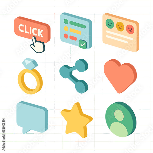 AR Engagement Icon Set. Isometric Flat icon set of AR user engagement tools: call-to-action button, survey popup, feedback form,