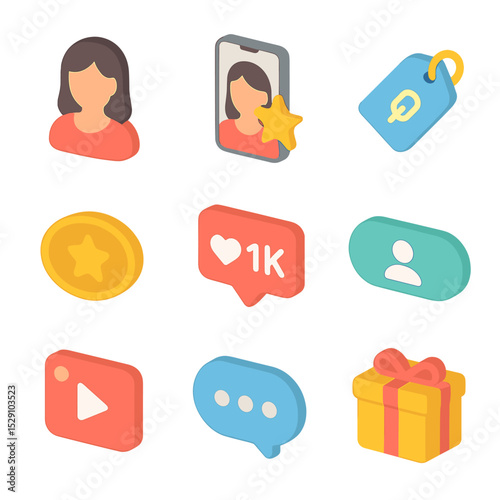 AR Influencer Icon Set. Isometric Flat icon set of AR influencer marketing: influencer avatar, branded filter, collaboration tag,