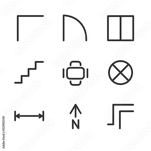 Architectural Plans Icons. Outline icon set of architectural floor plan schemes: wall outline, door swing, window frame, stair