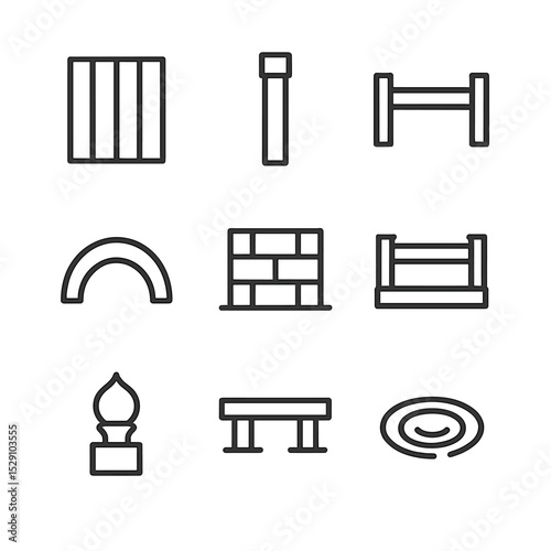 Arched Bridge Icons. Outline icon set of traditional arched bridge elements: wooden plank, rail post, support beam, arch curve,