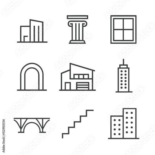Architectural Icon Set. Outline icon set of architectural illustrations: minimalist building, column facade, window frame, archway