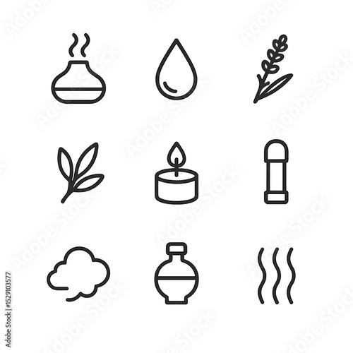 Aromatherapy Icon Grid. Outline icon set of aromatherapy relaxation: diffuser, essential oil droplet, lavender sprig, eucalyptus