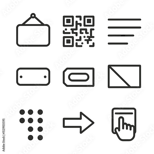 Art Signage Icons. Outline icon set of art information signage: label plaque, QR code square, title text block, artist nameplate,