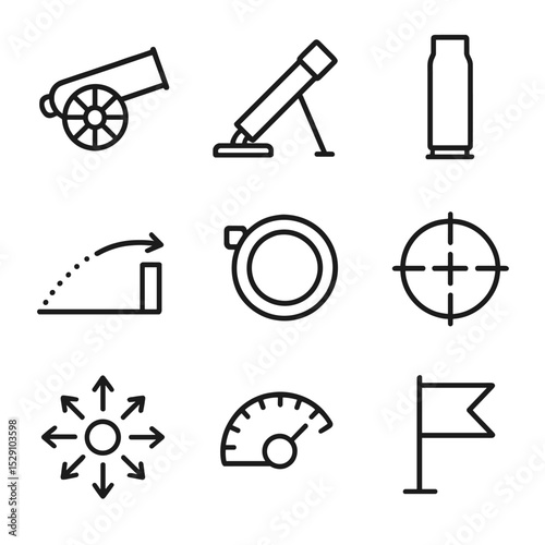 Artillery Icon Set. Outline icon set of artillery range elements: cannon barrel, mortar tube, shell casing, trajectory arc,