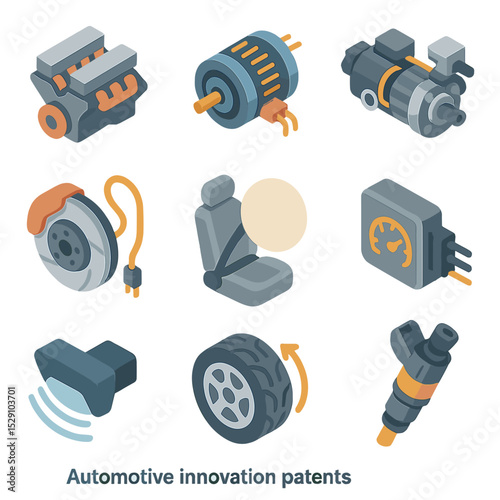 Automotive Innovation Icons. Isometric Flat icon set of automotive innovation patents: internal combustion engine, electric motor,