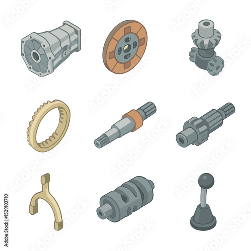 Automotive Transmission Icons. Isometric Flat icon set of automotive transmission parts: transmission casing, clutch plate,