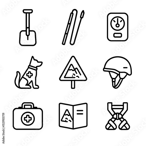 Avalanche Safety Icons. Outline icon set of avalanche safety equipment: shovel, probe, avalanche transceiver, rescue dog, warning