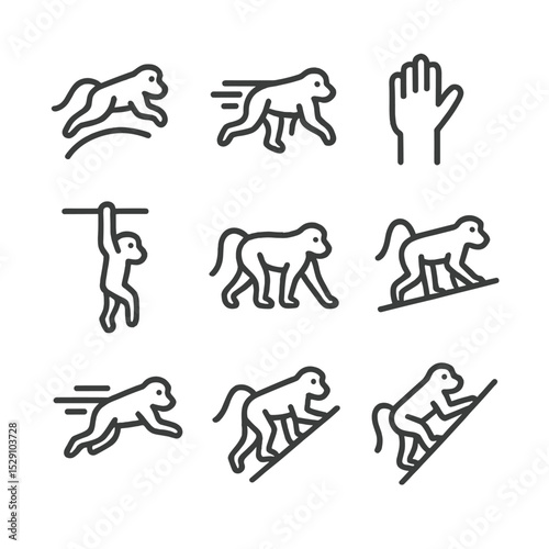 Baboon Movement Icons. Outline icon set of baboon movement modes: leap arc, sprinting legs, climbing hand, suspended hang,