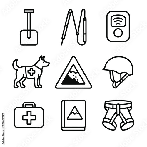 Avalanche Safety Icons. Outline icon set of avalanche safety equipment: shovel, probe, avalanche transceiver, rescue dog, warning