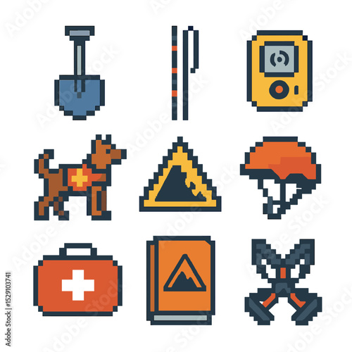 Avalanche Safety Essentials. Pixel art icon set of avalanche safety equipment: shovel, probe, avalanche transceiver, rescue dog,