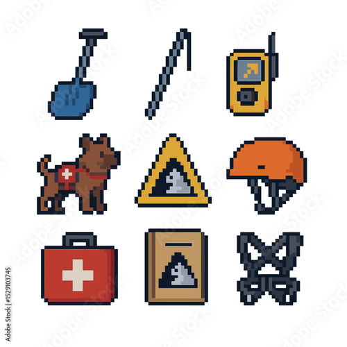Avalanche Safety Essentials. Pixel art icon set of avalanche safety equipment: shovel, probe, avalanche transceiver, rescue dog,