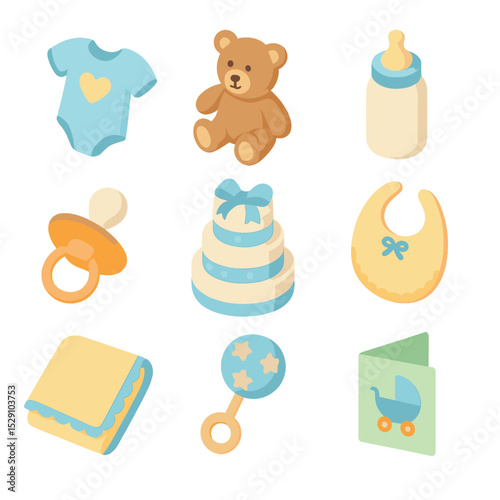 Baby Shower Icon Set. Isometric Flat icon set of baby shower gifts: baby onesie, teddy bear, baby bottle, pacifier, diaper cake,