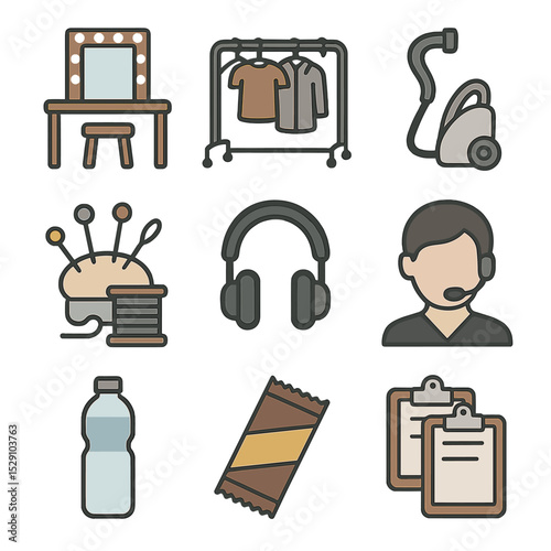 Backstage Essentials Icons. Flat icon set of backstage styling: makeup table, wardrobe rack, garment steamer, sewing kit,