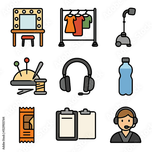 Backstage Essentials Icons. Flat icon set of backstage styling: makeup table, wardrobe rack, garment steamer, sewing kit,