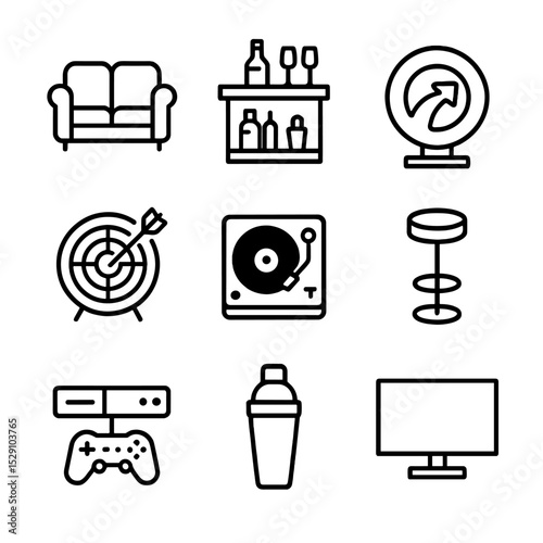Bachelor Pad Icons. Outline icon set of bachelor pads: leather sofa, mini bar, neon sign, dartboard, vinyl player, bar stool,