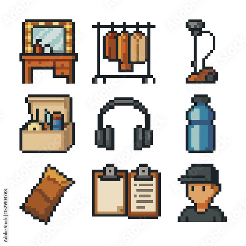 Backstage Essentials Icons. Pixel art icon set of backstage styling: makeup table, wardrobe rack, garment steamer, sewing kit,