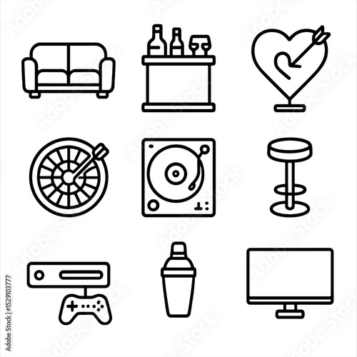 Bachelor Pad Icons. Outline icon set of bachelor pads: leather sofa, mini bar, neon sign, dartboard, vinyl player, bar stool,