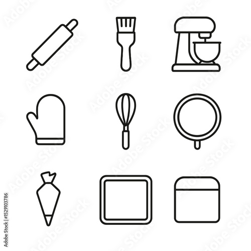 Bakery Tools Icons. Outline icon set of bakery tools: rolling pin, pastry brush, dough mixer, oven mitt, whisk, sieve, piping bag,