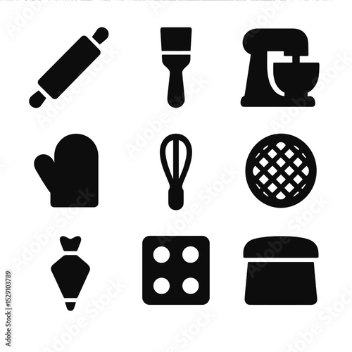 Bakery Tool Icons. Solid, Filled icon set of bakery tools: rolling pin, pastry brush, dough mixer, oven mitt, whisk, sieve, piping