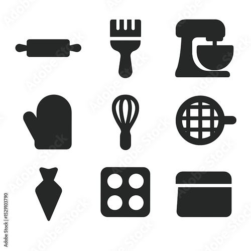 Bakery Tool Icons. Solid, Filled icon set of bakery tools: rolling pin, pastry brush, dough mixer, oven mitt, whisk, sieve, piping