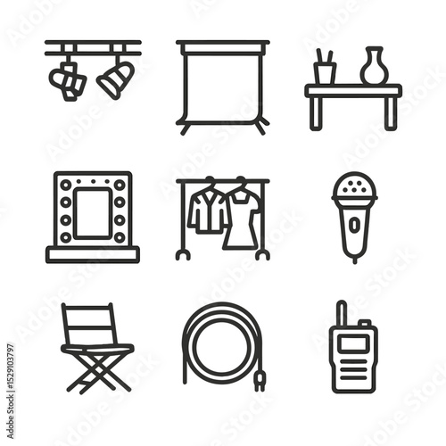 Backstage Studio Icons. Outline icon set of backstage studio: lighting grid, set backdrop, prop table, makeup mirror, costume rack