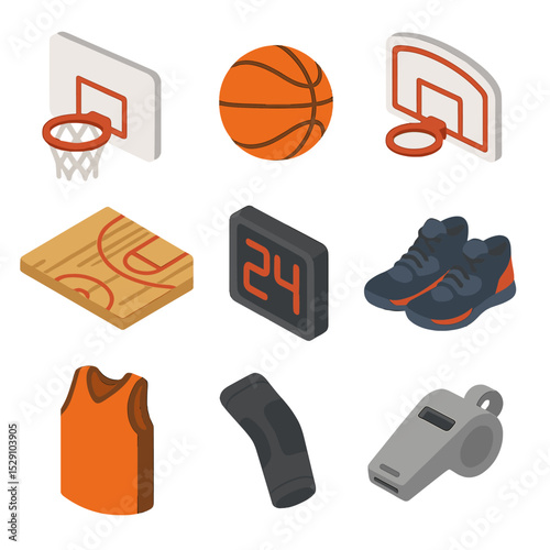 Basketball Icon Set. Isometric Flat icon set of basketball essentials: hoop, basketball, backboard, court floor panel, shot clock,