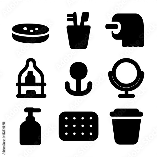 Bathroom Accessories Icons. Solid, Filled icon set of bathroom accessories: soap dish, toothbrush holder, toilet paper holder,