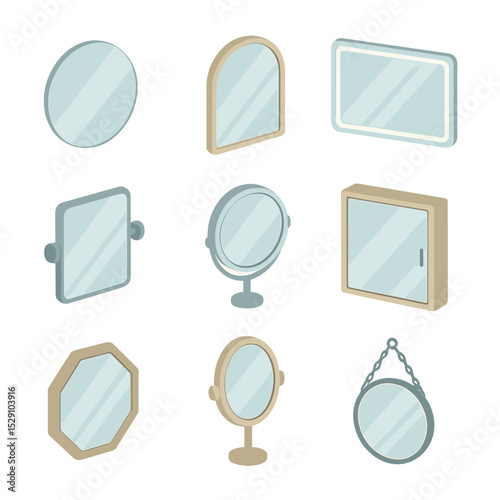 Bathroom Mirror Icons. Isometric Flat icon set of bathroom mirror styles: frameless round mirror, arched mirror, LED-backlit