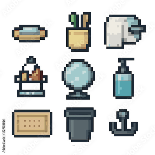 Bathroom Accessories Icons. Pixel art icon set of bathroom accessories: soap dish, toothbrush holder, toilet paper holder, shower