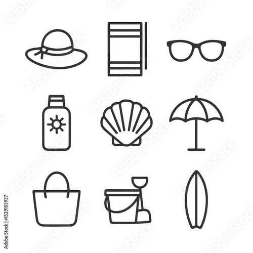 Beach Accessories Icons. Outline icon set of beach accessories: sunhat, beach towel, sunglasses, sunscreen bottle, shell, beach