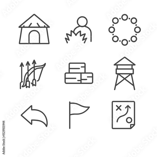 Battle Strategy Icons. Outline icon set of battle tactics and strategy: ambush hut, hiding spot, circle formation, volley launch,