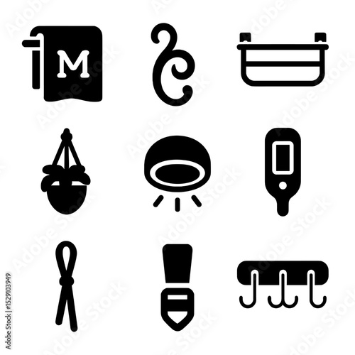 Bathroom Accessories Icons. Solid, Filled icon set of towel rack accessories: monogrammed towel, decorative hook, shelf basket,