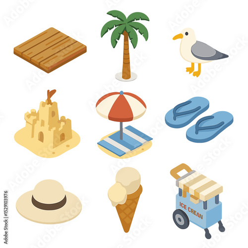 Beach Promenade Icons. Isometric Flat icon set of beach promenade walk: wooden boardwalk, palm tree, seagull, sandcastle, beach