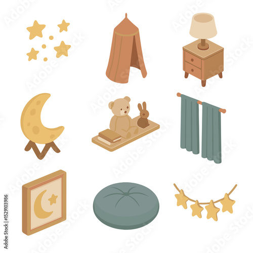 Bedroom Décor Icons. Isometric Flat icon set of bedroom décor elements: wall stickers, canopy tent, nightstand lamp, moon lamp,