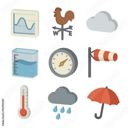 Beachcombing Icon Set. Isometric Flat icon set of beachcombing weather indicators: tide chart, weather vane, cloud icon, wave