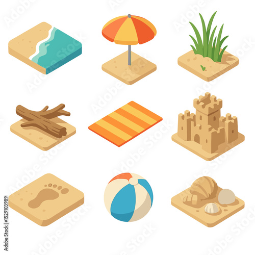 Beach Scene Icon Set. Isometric Flat icon set of coastal and beach scenes: sandy shoreline, beach umbrella, sea grass dune,