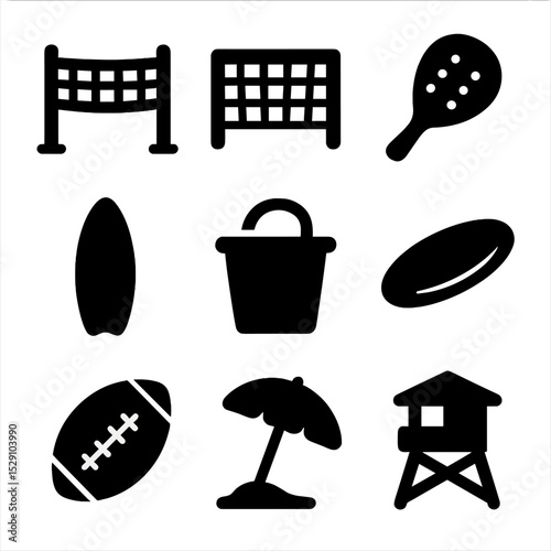 Beach Sports Icons. Solid, Filled icon set of beach sports: volleyball net, beach soccer goal, beach tennis paddle, skimboard,